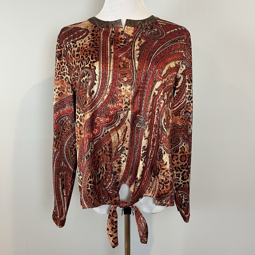 Chico's Red Paisley Satin Moria Long Sleeve Shirt Size Large NWT Tie Front
